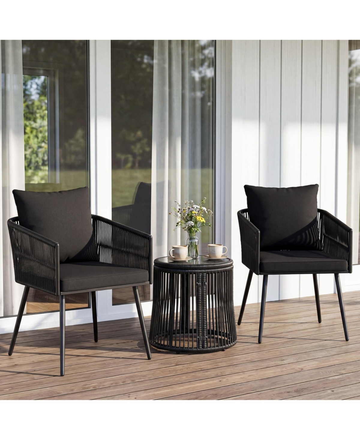 Sugift 3 Piece Outdoor Patio Bistro Furniture Set with Cushions and Glass Side Table
