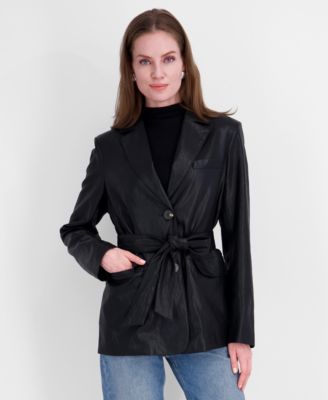 Women's Belted Faux Leather Trench Jacket 