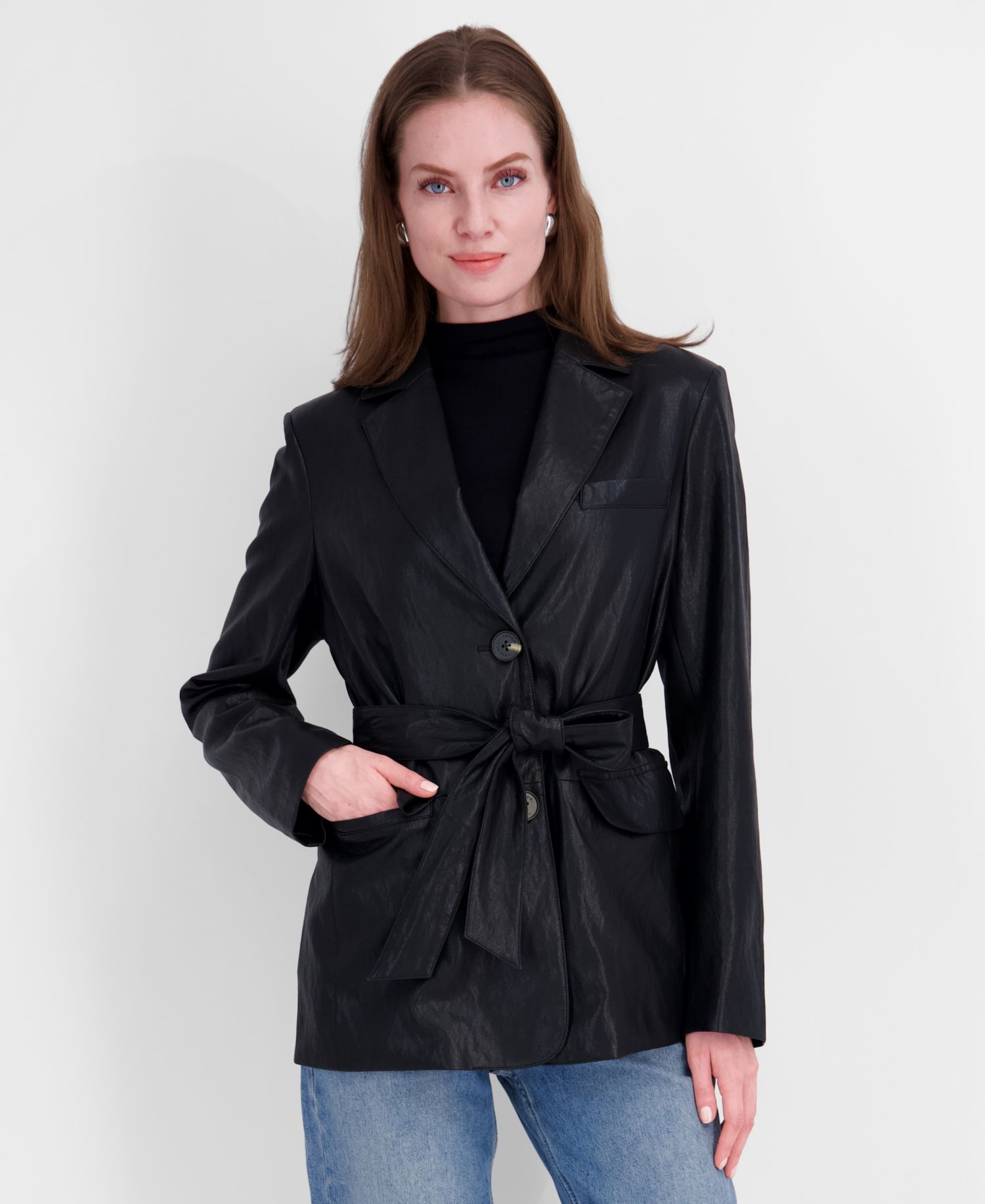 Petite Belted Faux-Leather Trench Coat