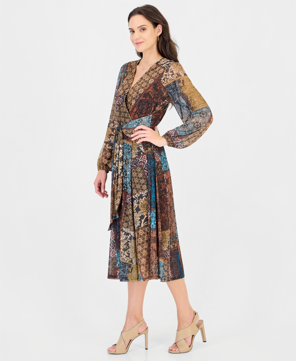 Robbie Bee Women's Print Surplus V-Neck Long-Sleeve Wrap Midi Dress