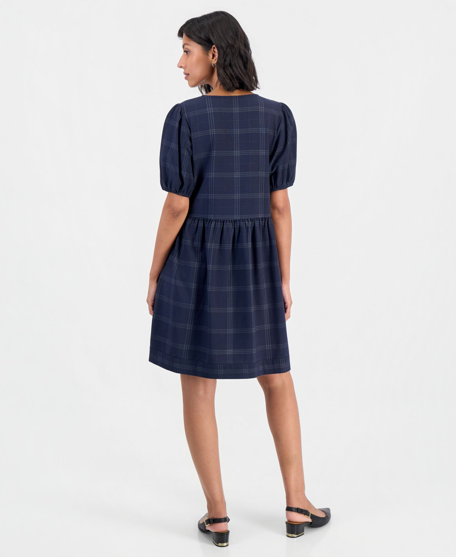 Women's Bow Front Plaid Puff-Sleeve Mini Dress
