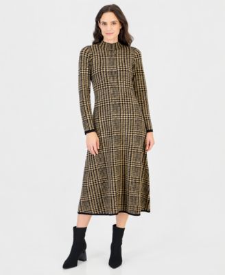 Women's Mock Neck Long-Sleeve Plaid Sweater Dress
