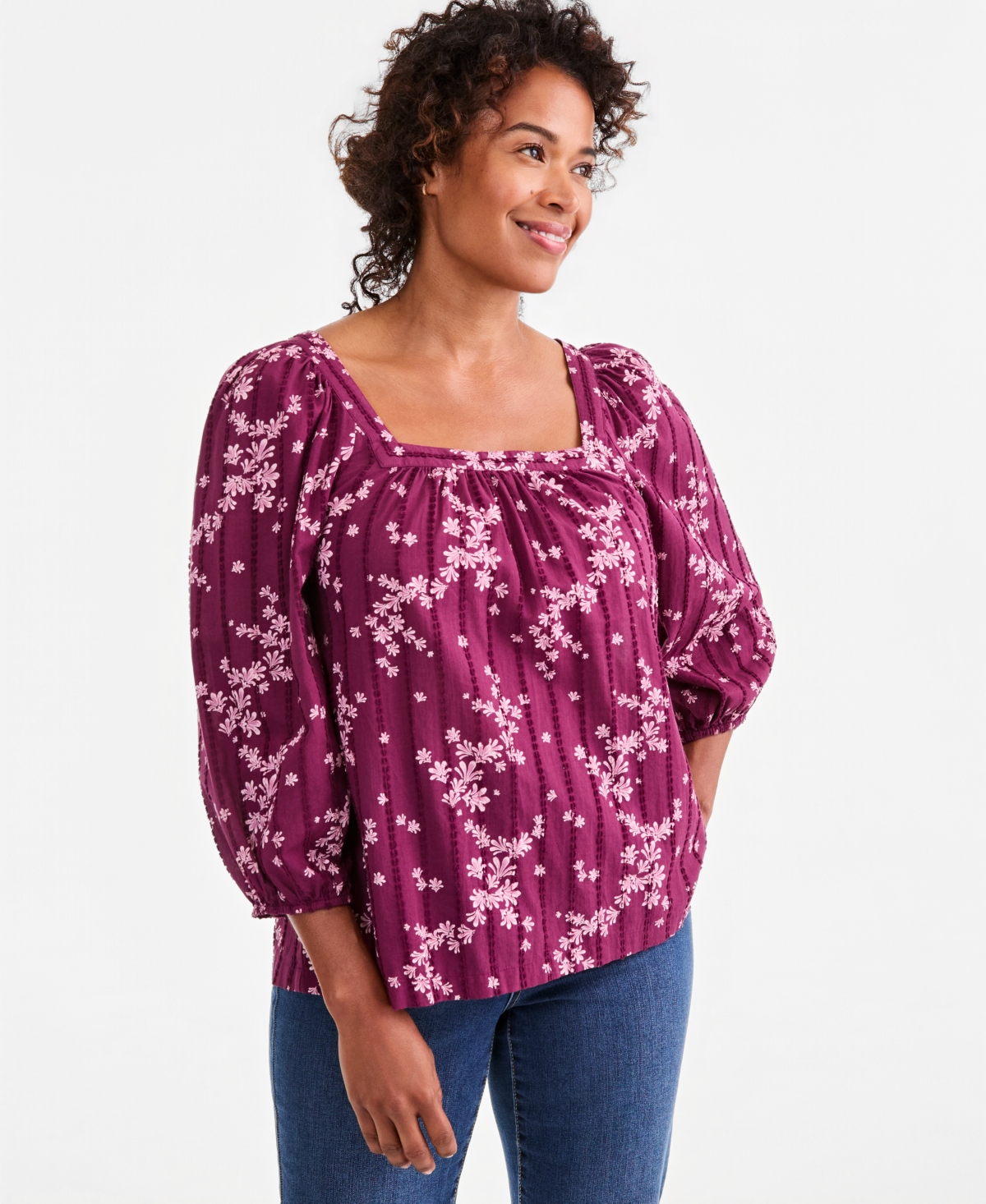 Style & Co Women's Printed Square-Neck Cotton Top, Macy's Exclusive