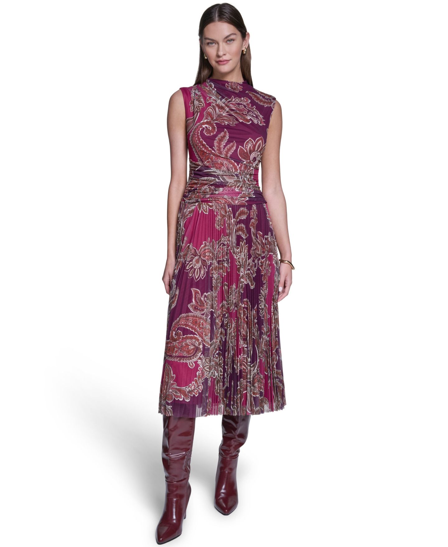 Женское платье Halston Mock Neck Mesh Midi, цвет: Сливовый / Ягодный разноцветный — фото 1