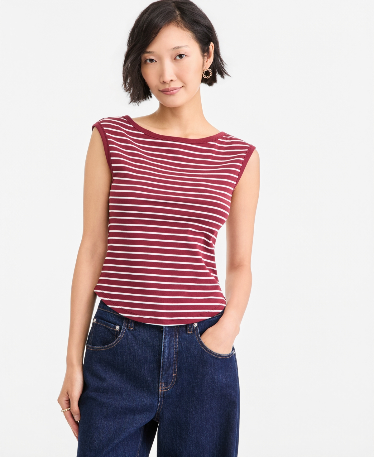 On 34th Women's Stripe Boat-neck Tank, Created For Macy's In Dark Rust Combo