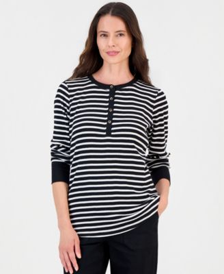 Women's Stripe Long-Sleeve Waffle Henley Top