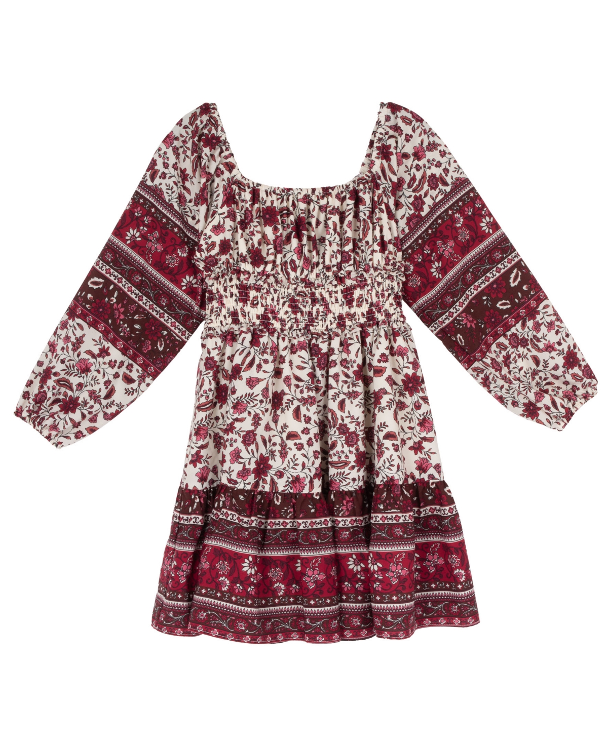 Rare Editions Girls' 7-16 Smocked Waist Long-Sleeve Dress