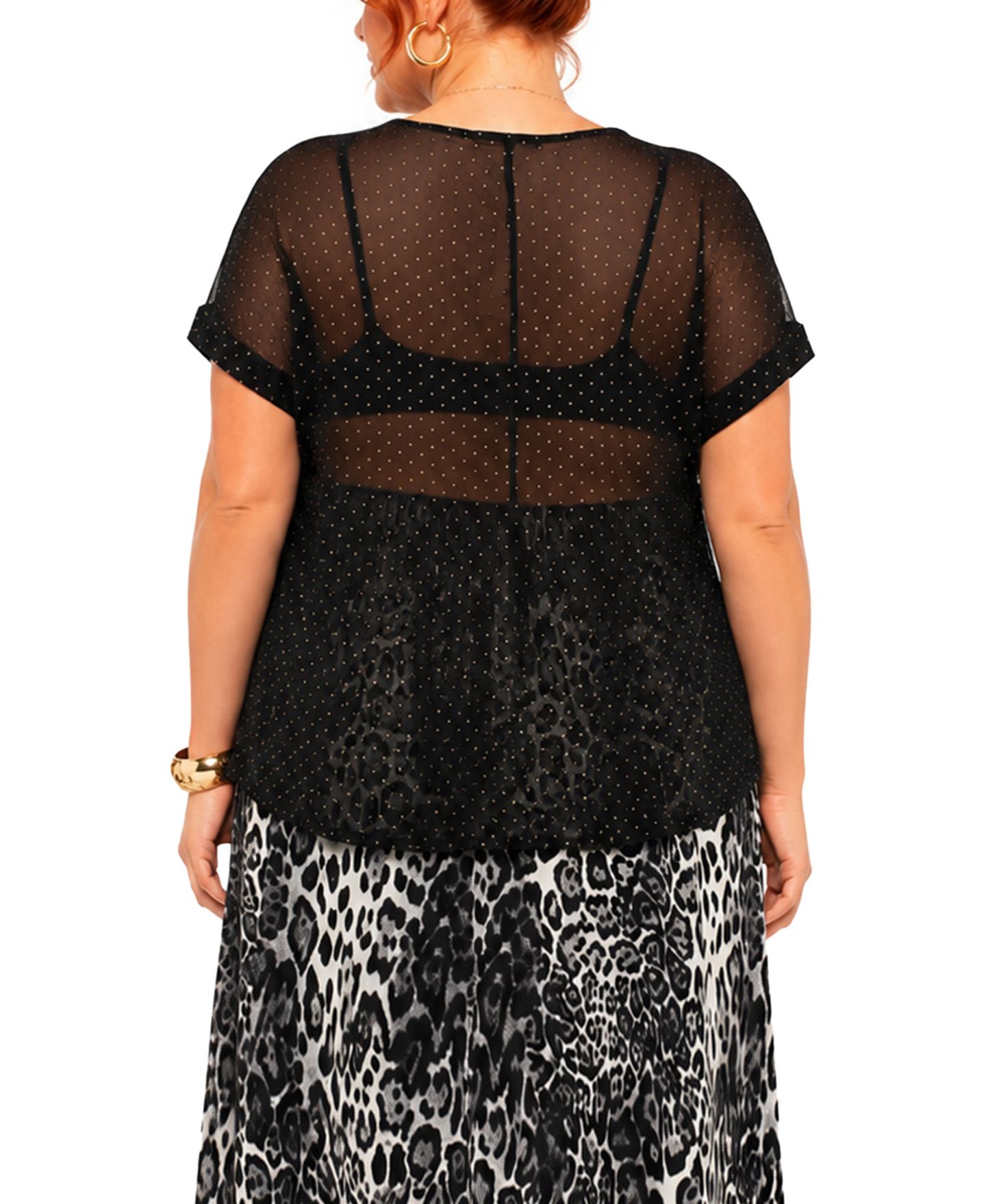 Женский топ COIN 1804 Plus Size Short-Sleeve Foil Drop V-Neck, цвет: Чёрный золотой — фото 5