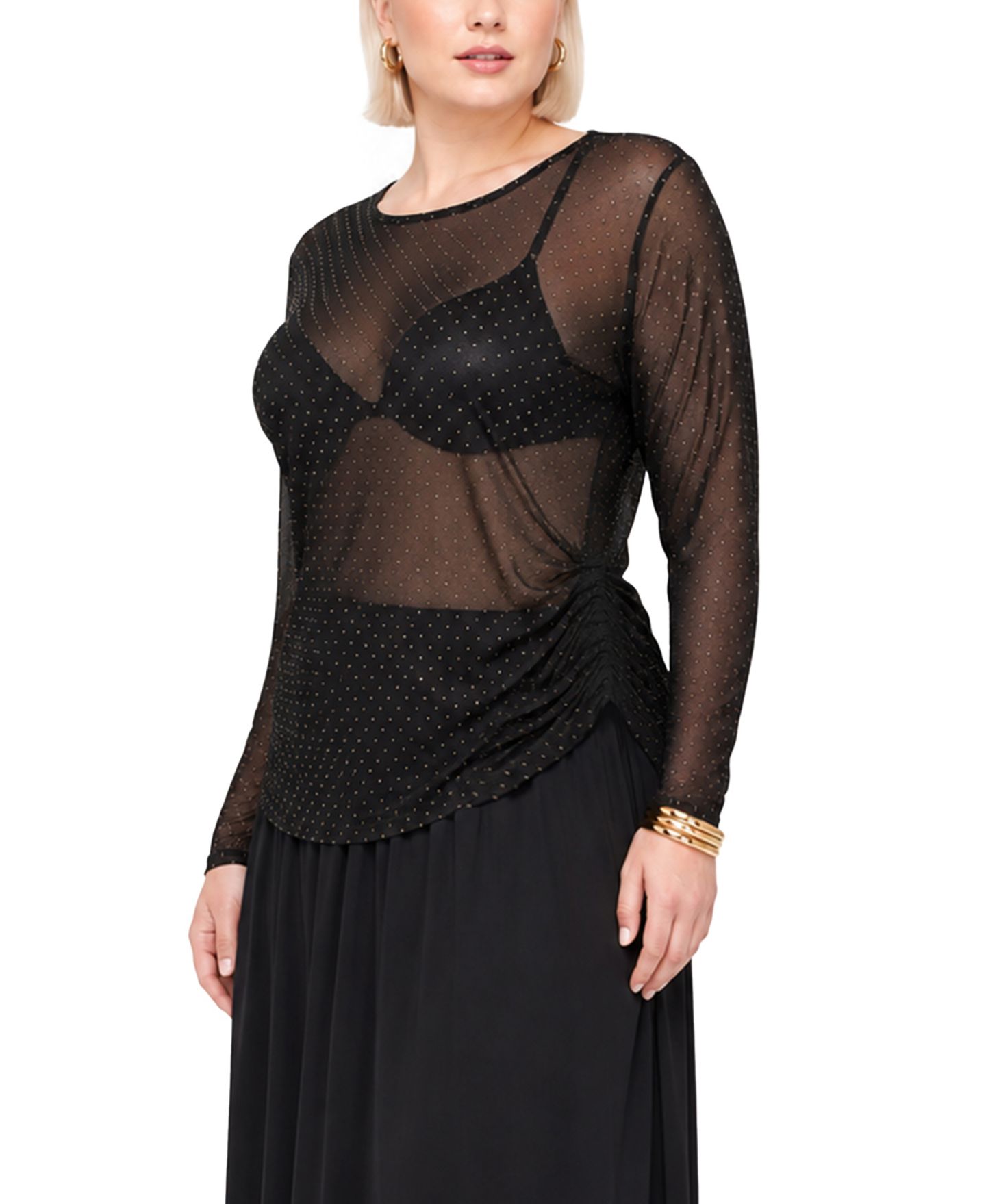 Женский топ COIN 1804 Plus Size Foil Drop Scoop Neck Side-Ruched, цвет: Чёрный золотой — фото 3