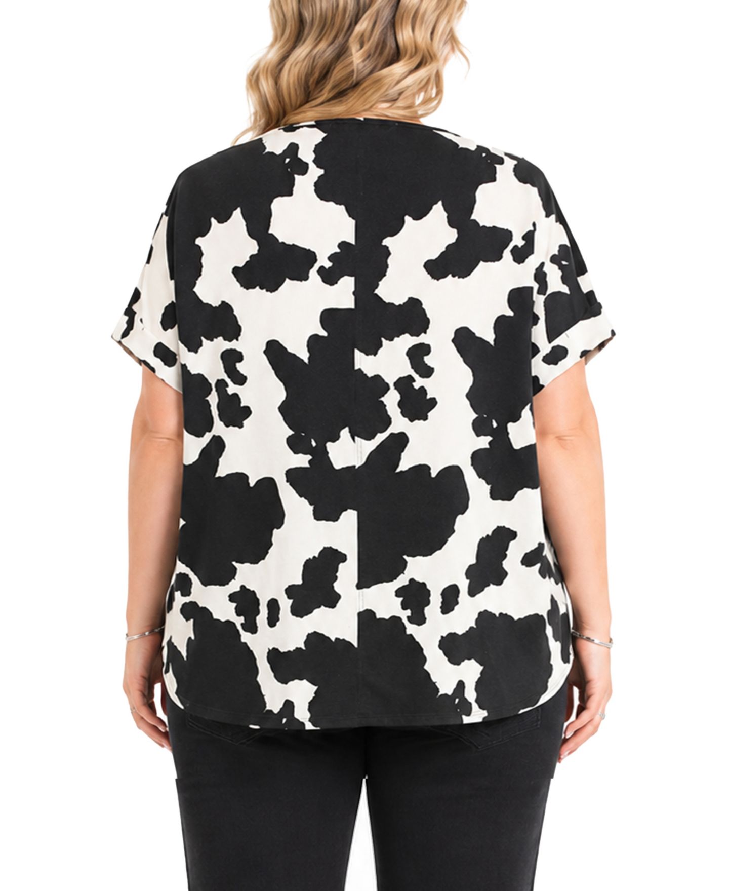 Женский топ COIN 1804 Plus Size Cow Print Dolman Rolled Short-Sleeve 1/2 Zip, цвет: Слоновая кость чёрный — фото 5