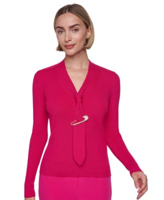 Women's V-Neck Tie-Front Long-Sleeve Sweater