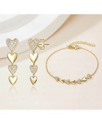 Gold-Plated Heart Jewelry Set with Sparkling CZ - Elegant Bracelet & Drop Earrings