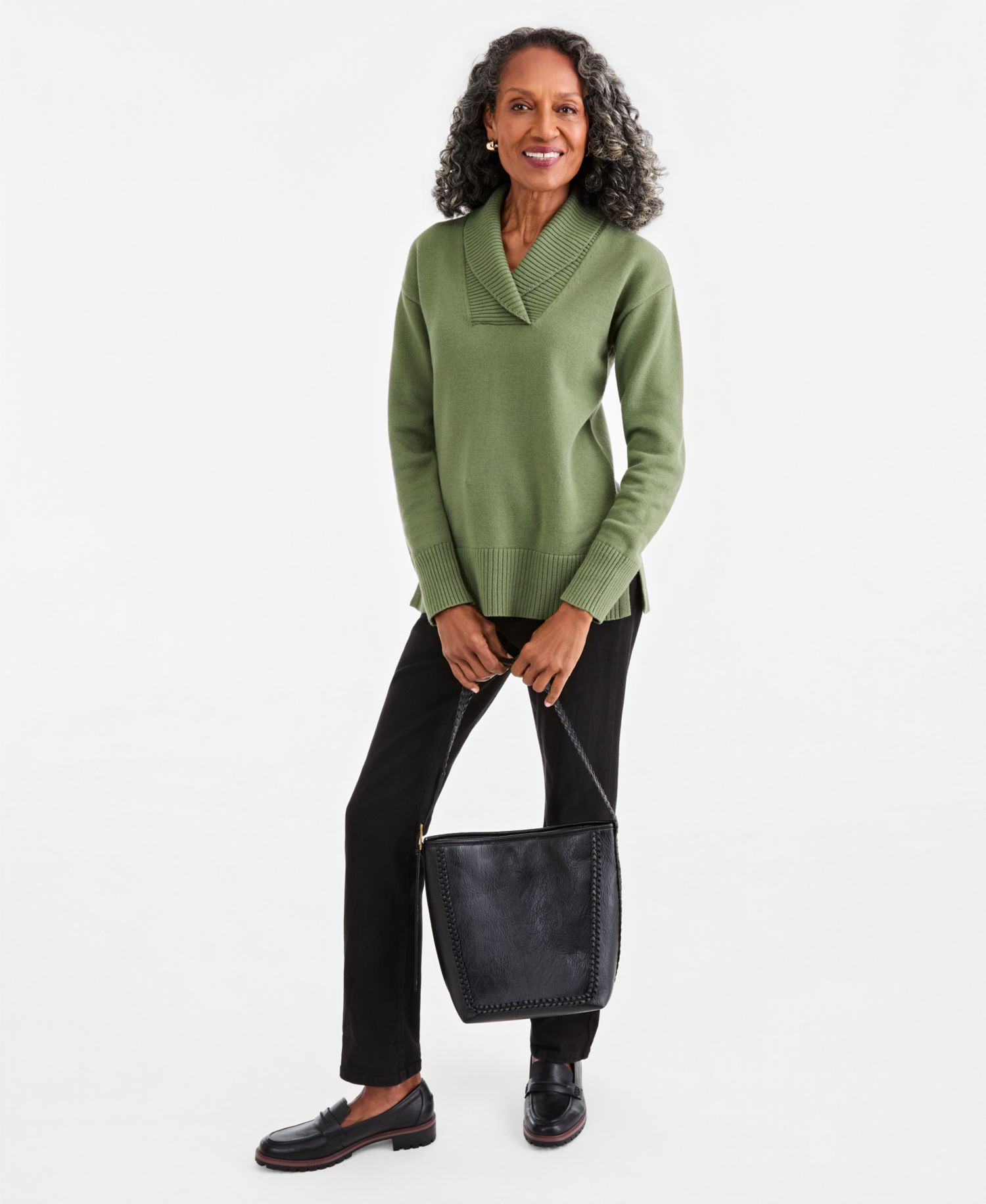 Petite Shawl Collar Cotton-Blend Sweater