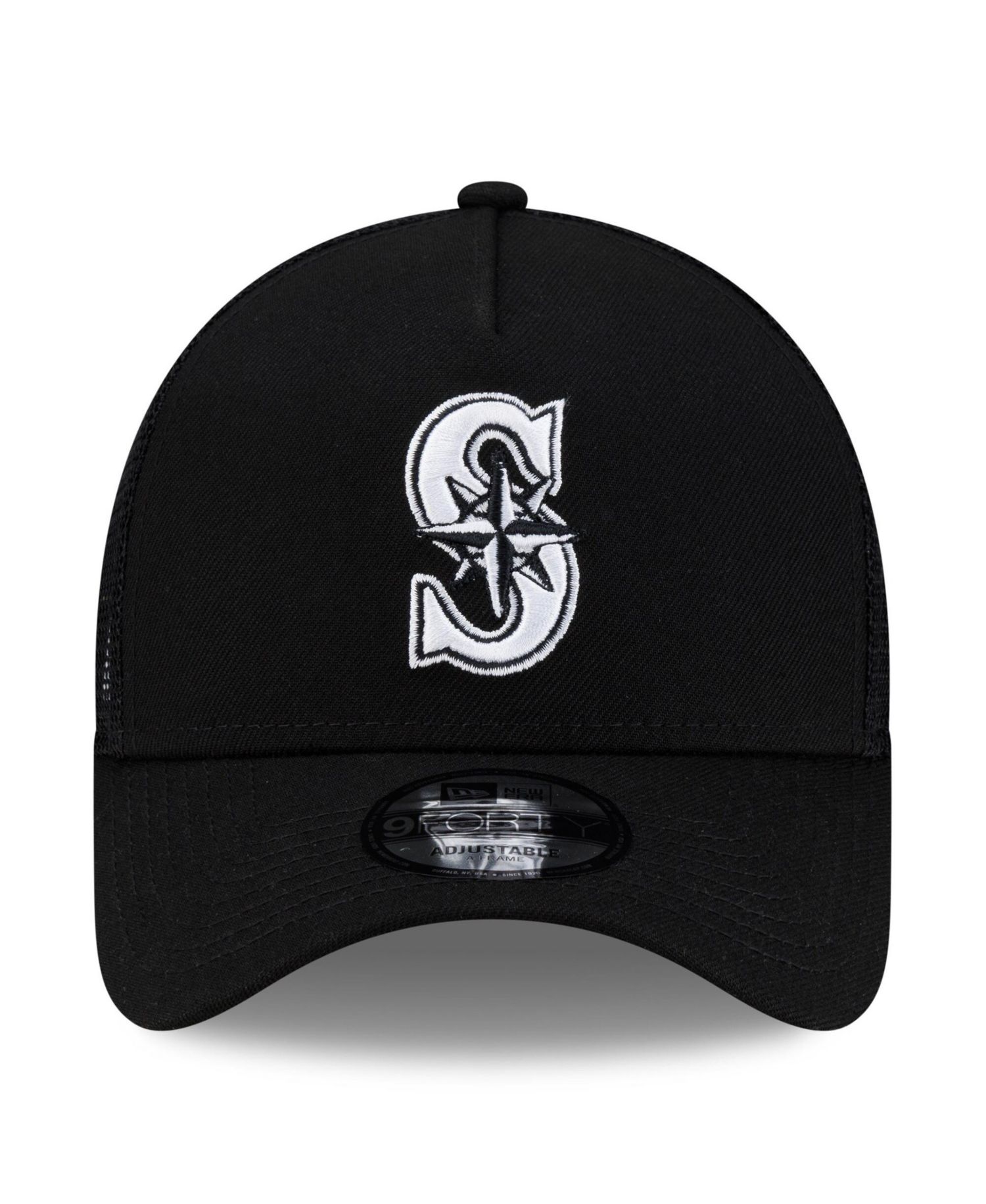 Men's Black Seattle Mariners Side Script 9FORTY A-Frame Trucker Adjustable Hat