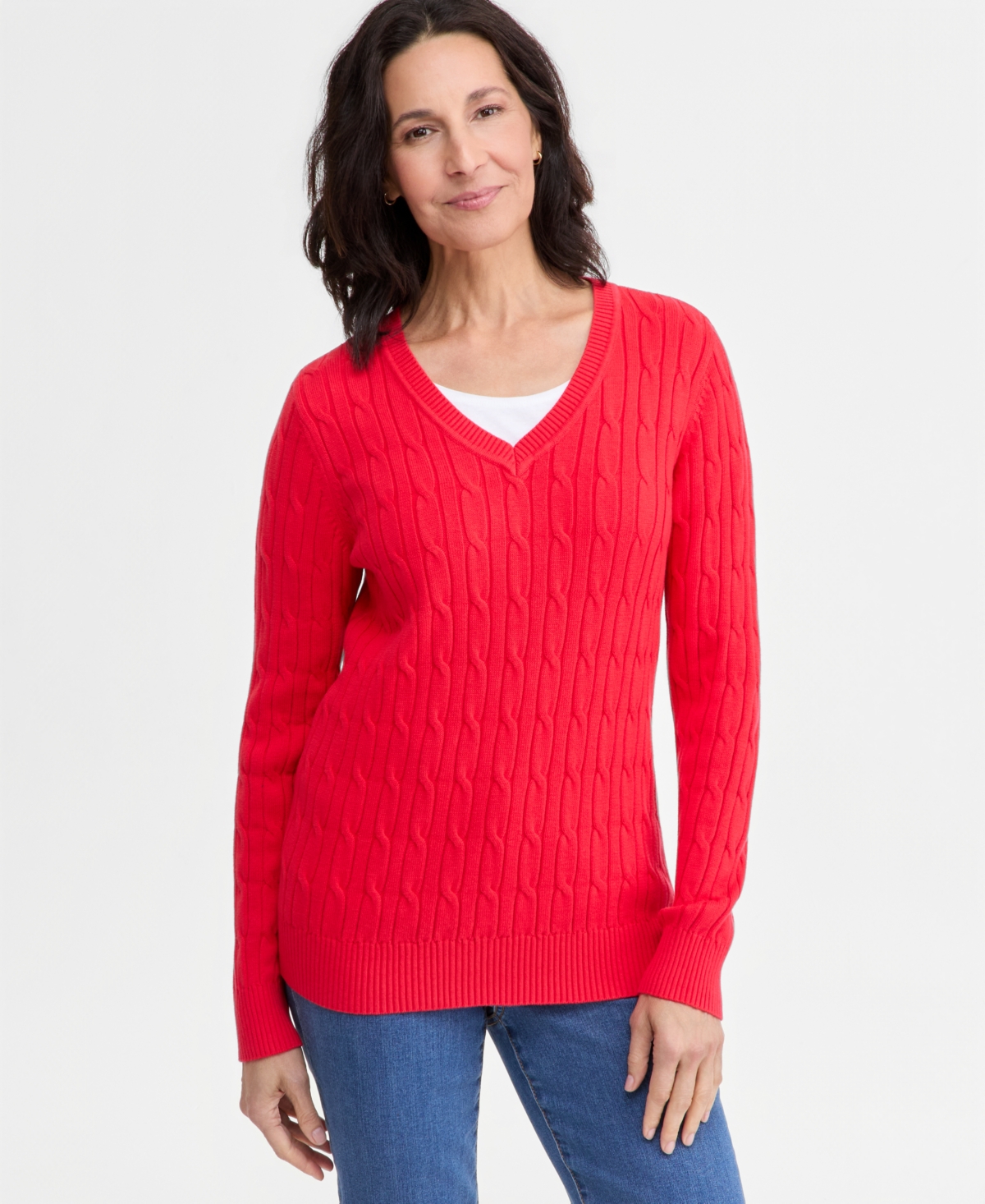 Style & Co Petite Cotton Cable-Knit V-Neck Sweater, Created for Macy's - Lollipop