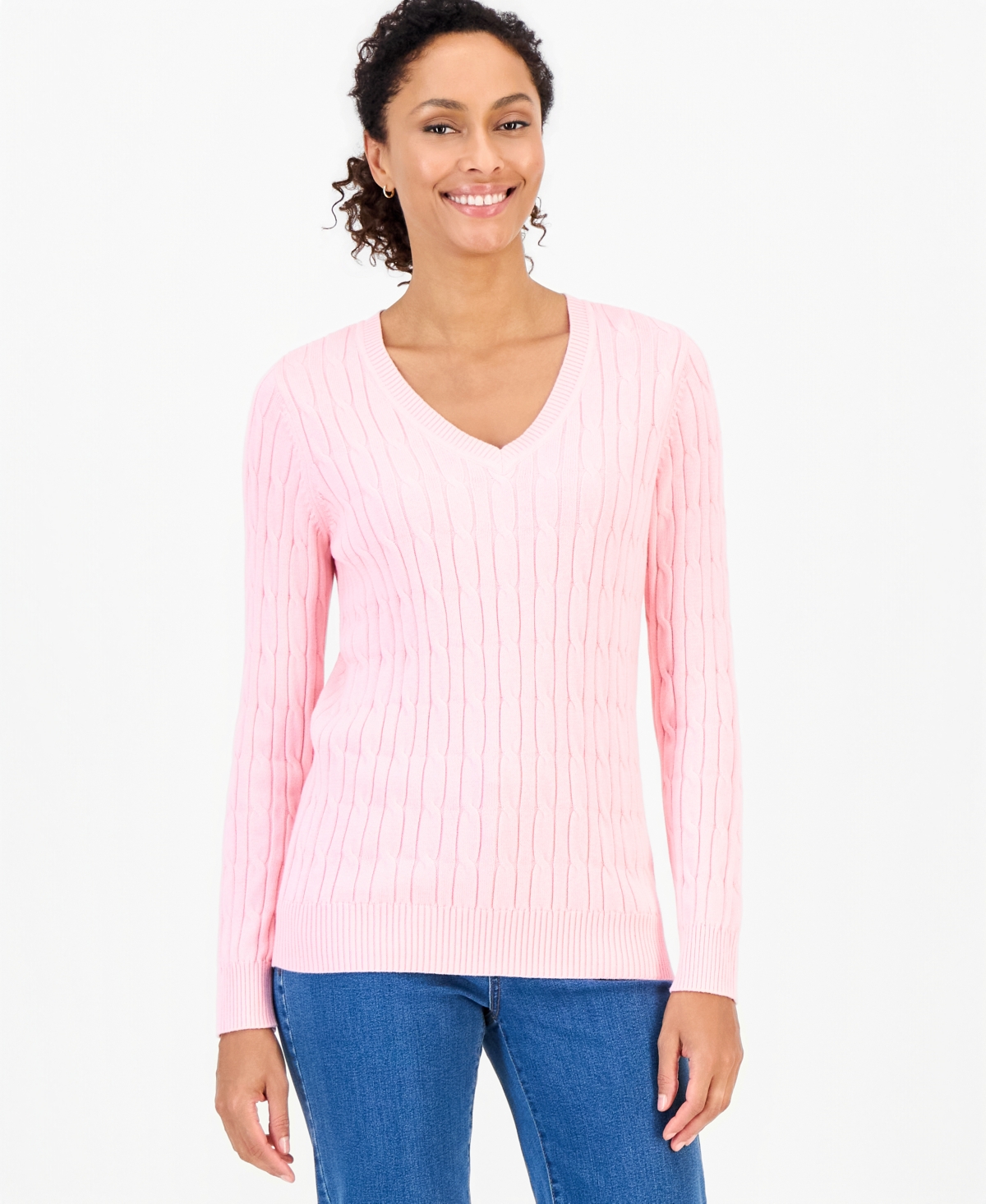 Style & Co Petite Cotton Cable-Knit V-Neck Sweater, Created for Macy's - Pink Icing