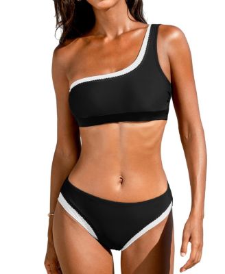 Women's Cocoa Sunset Scallop Trim One Shoulder Bikini Set