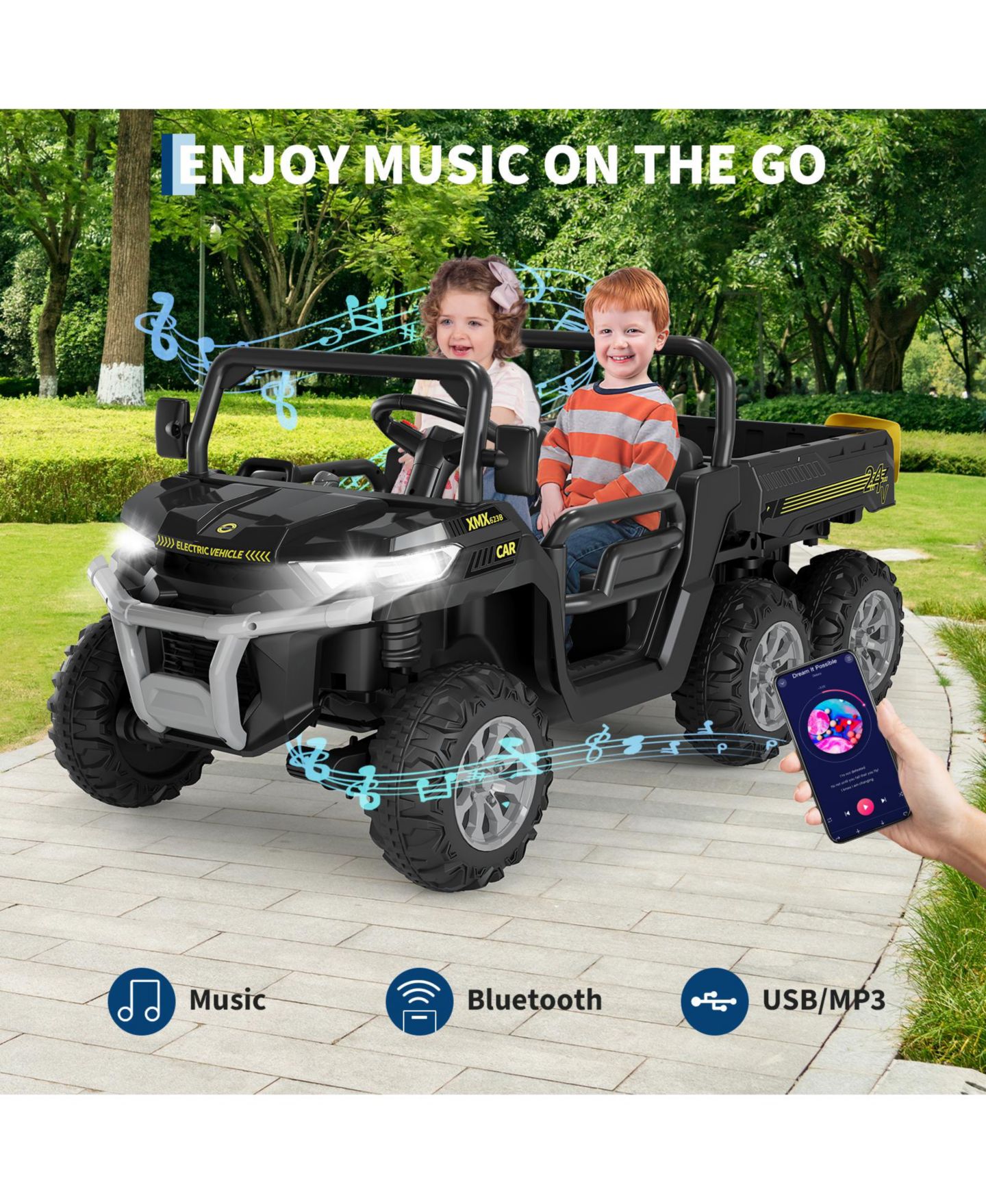Детские игрушки homfan 24V 2 Seater 4WD 6 Wheel Electric Ride On Dump Truck – UTV Car with Remote Control, Electric Dump Bed, LED Lights, MP3, Safety Belt, цвет: Чёрный — фото 7