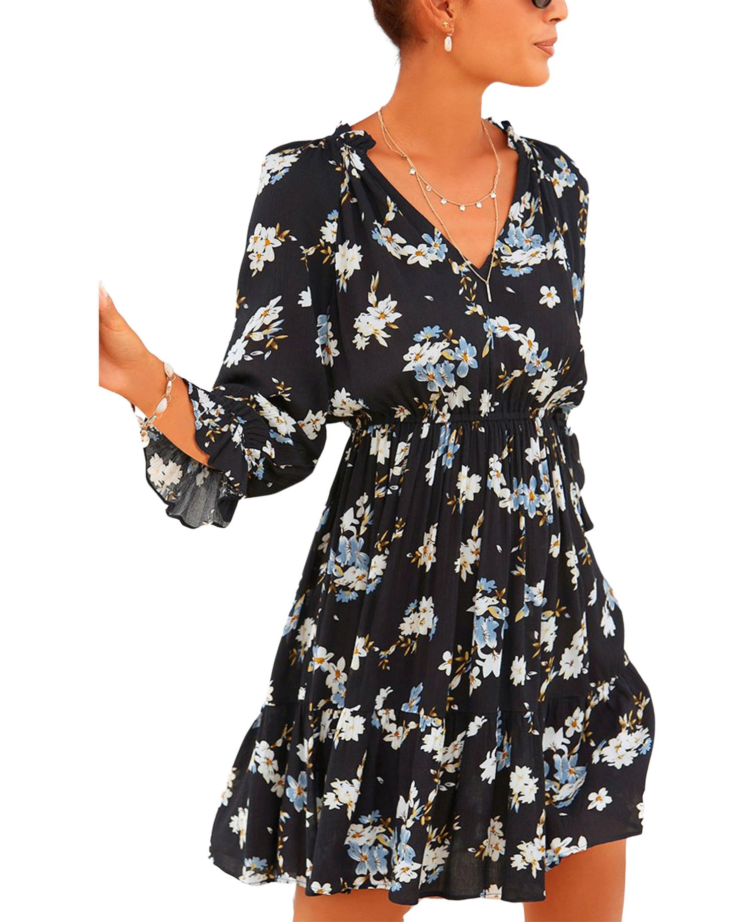 Women's Viscose Printed Ruffle 3/4 Sleeve Lace Elastic-Waist Short Dress