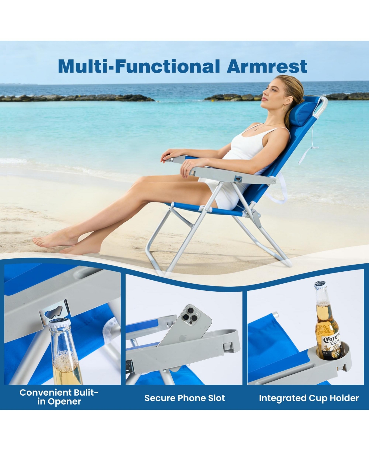 Aofar 17" Oversized Tall Folding Beach Chair Cup Holders 500 Lbs