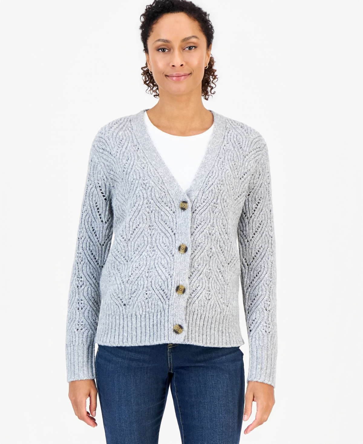 Style & Co Women's Pointelle Boyfriend Cardigan, Macy's Exclusive In Soft Light Grey