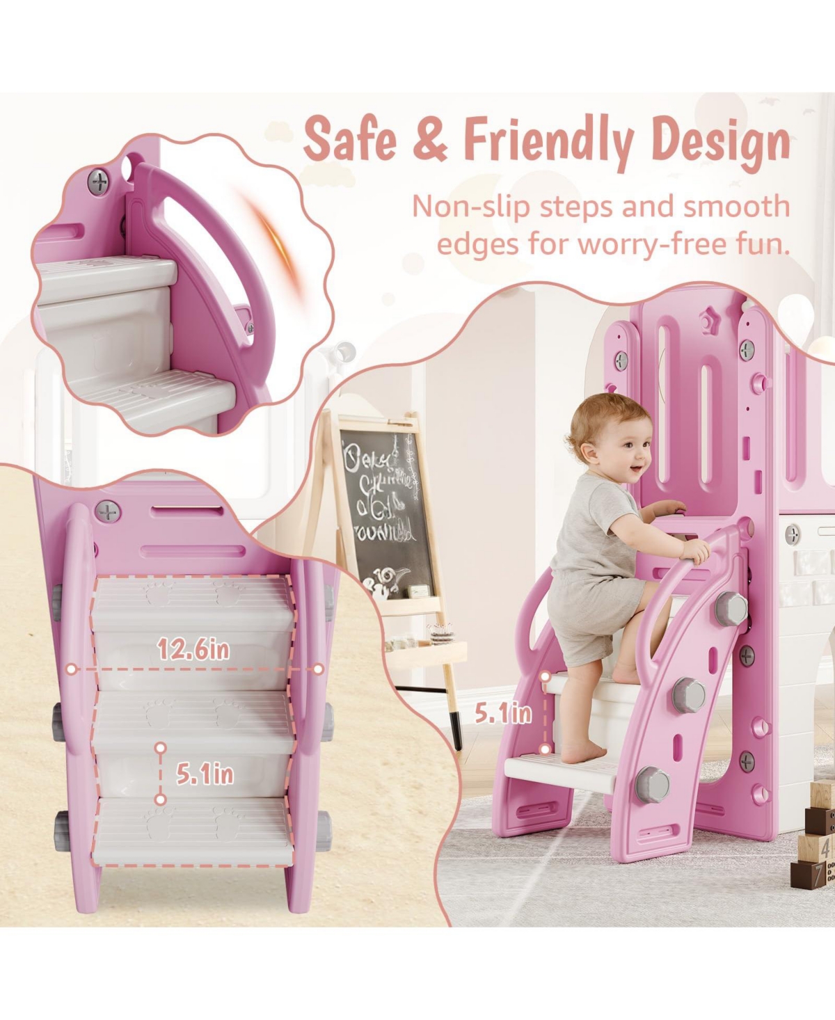 homfan 8 in 1 Toddler Slide, Pink Indoor Outdoor Playground Playset with Climber and Basketball Hoop for Kids Ages 1 to 3