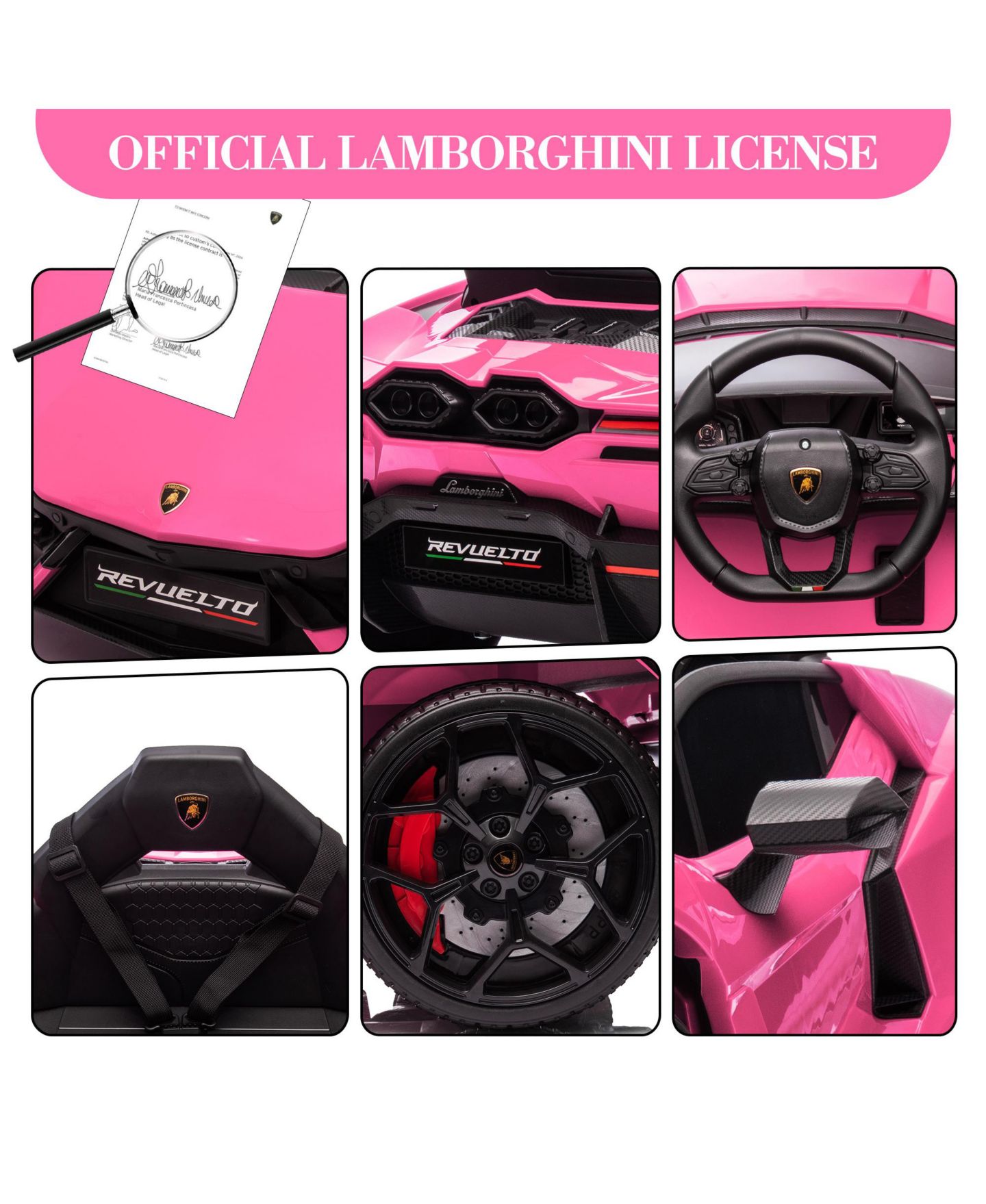 Детская игрушка homfan Lamborghini Revuelto Remote Control Battery Powered Ride-On Car, Ages 3+, цвет: Розовый — фото 3