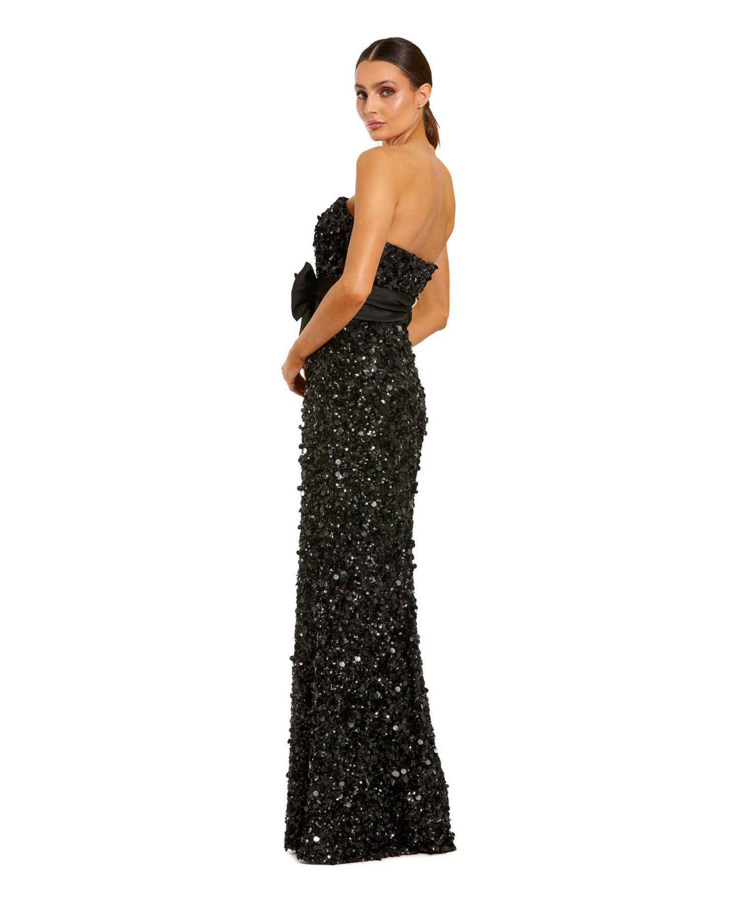 Women's Strapless Sequin Column Gown with Velvet Bow