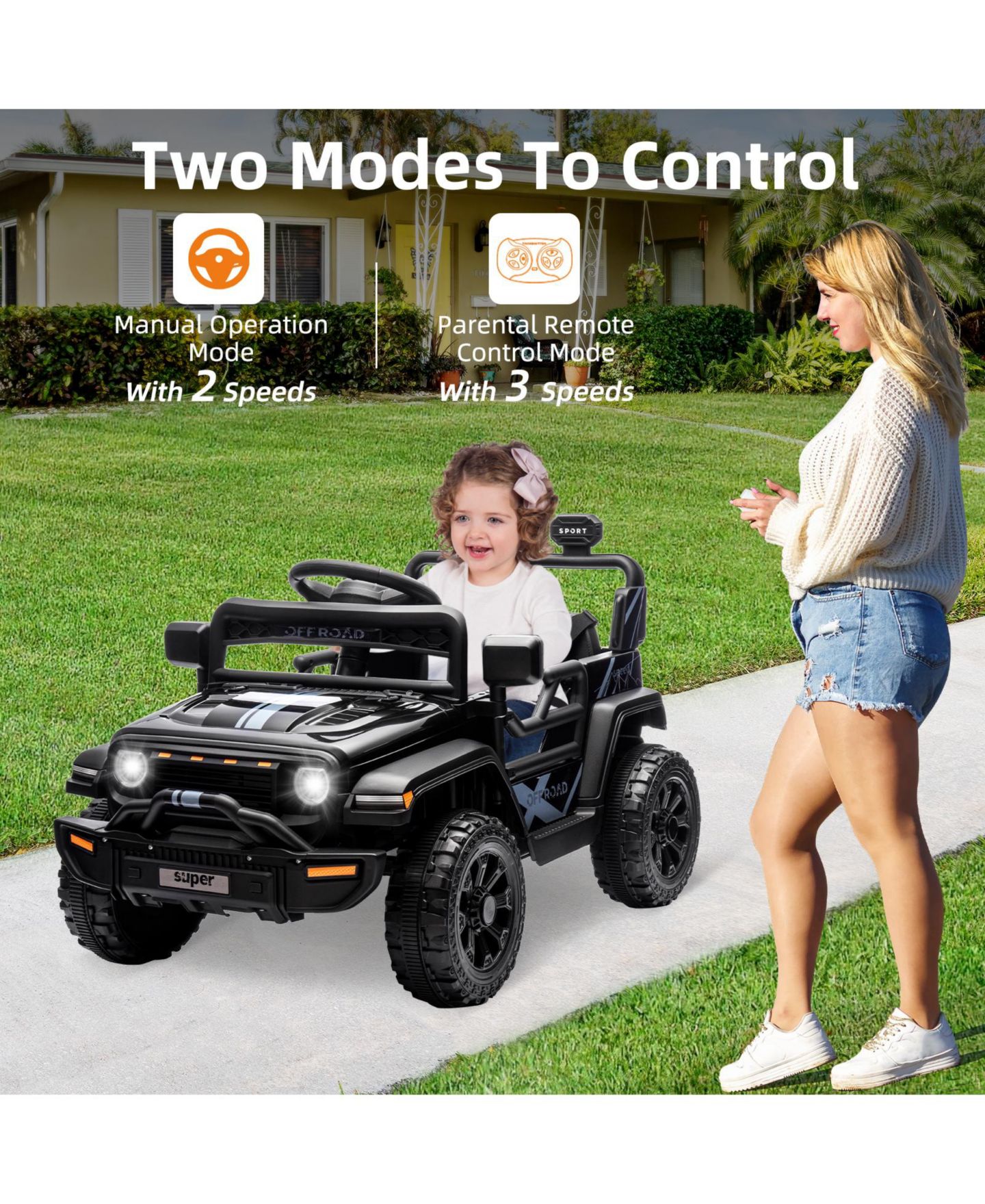Детская игрушка homfan 12V Ride On Truck, Dual 25W Motors, Remote Control, Spring Suspension, LED Headlights, Music, Battery Powered Car Toy, цвет: Чёрный — фото 4