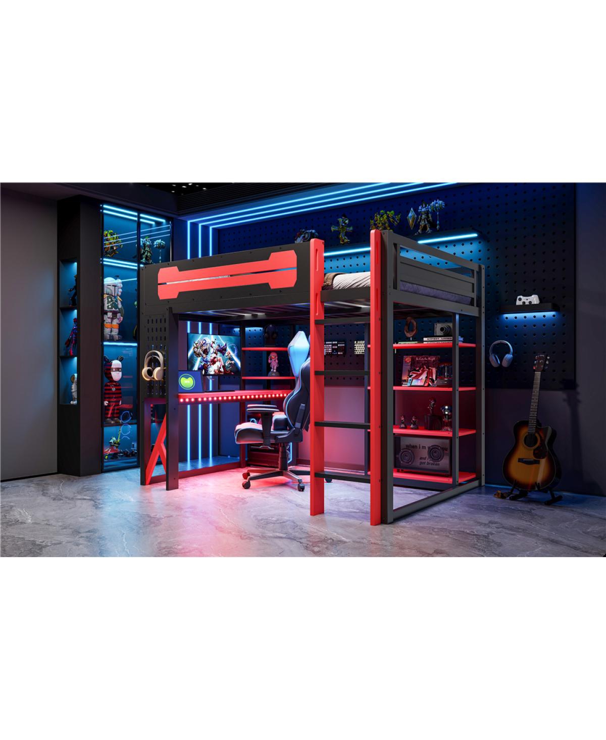 Streamdale Furniture Wood Loft Bed with Desk, Shelves, Power, Usb-c, Rgb Light
