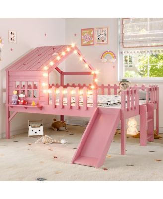   Loft Bed With Slide, Playhouse, Stars, Window, LED Lights