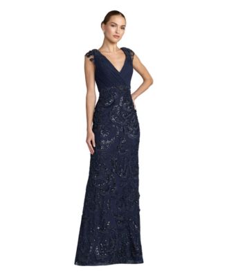 Petite Floral Beaded Chiffon V-Neck Evening Gown