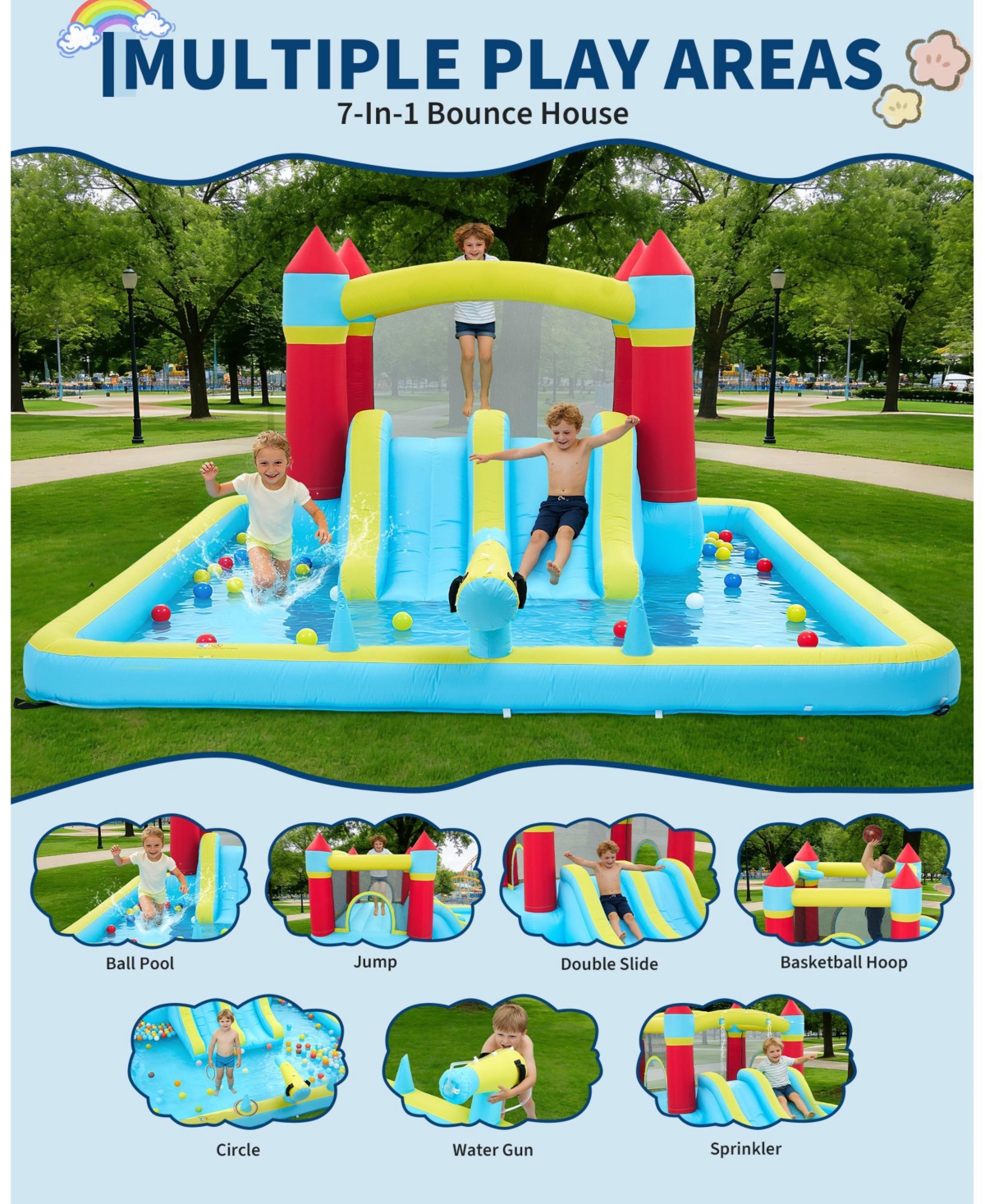 homfan 7 in 1 Inflatable Bounce House, Jump Castle with Double Water Slide and 350w Blower for Kids Ages 3 to 12
