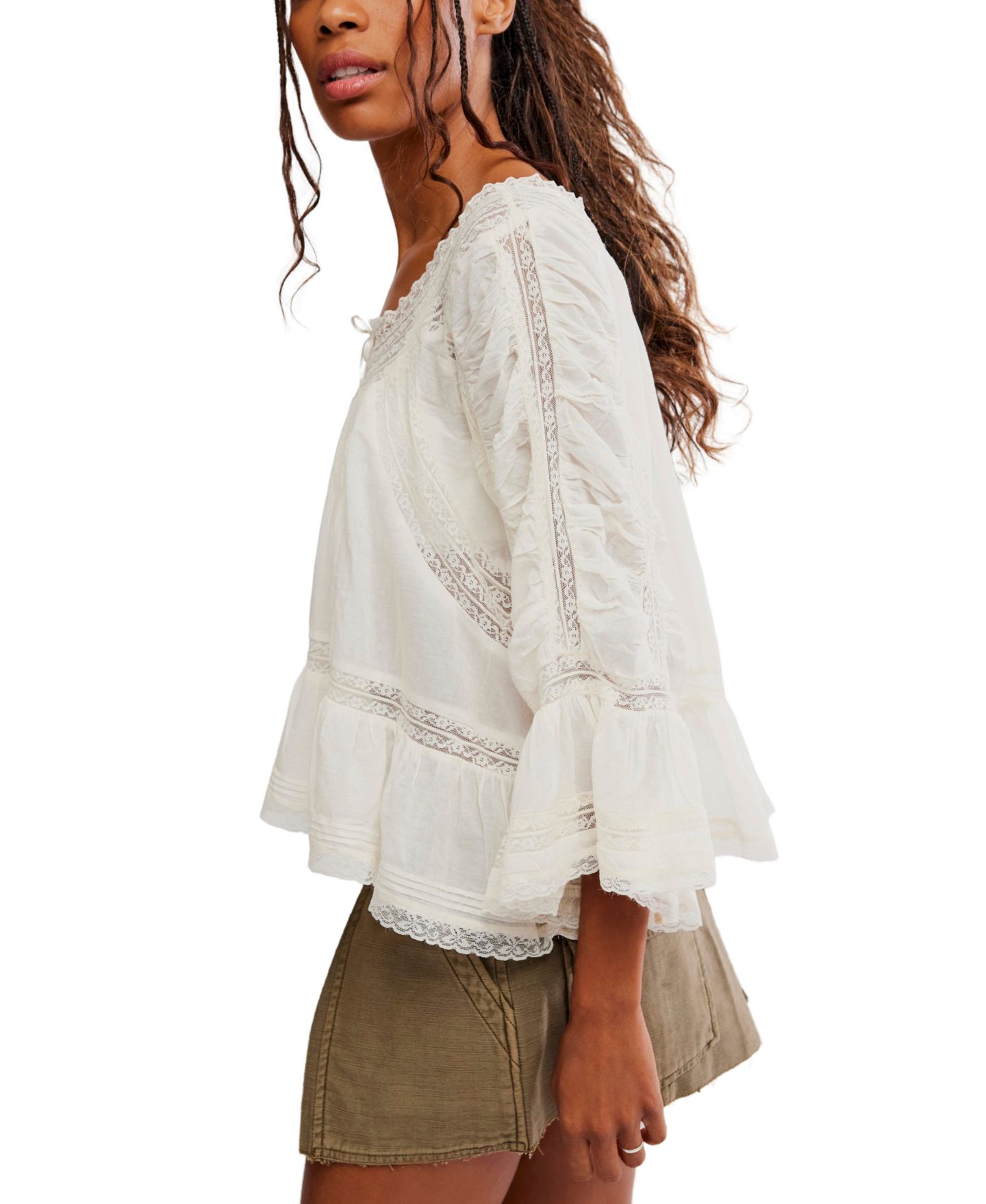 Женская блузка Free People She's A Romantic Top Long Bell Sleeves Lace-Paneling Blouse, цвет: Слоновая кость — фото 3