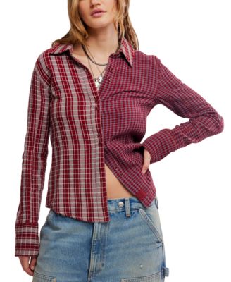 Women's Benny Slim Plaid Paint-Splatter Long-Sleeve Blouse