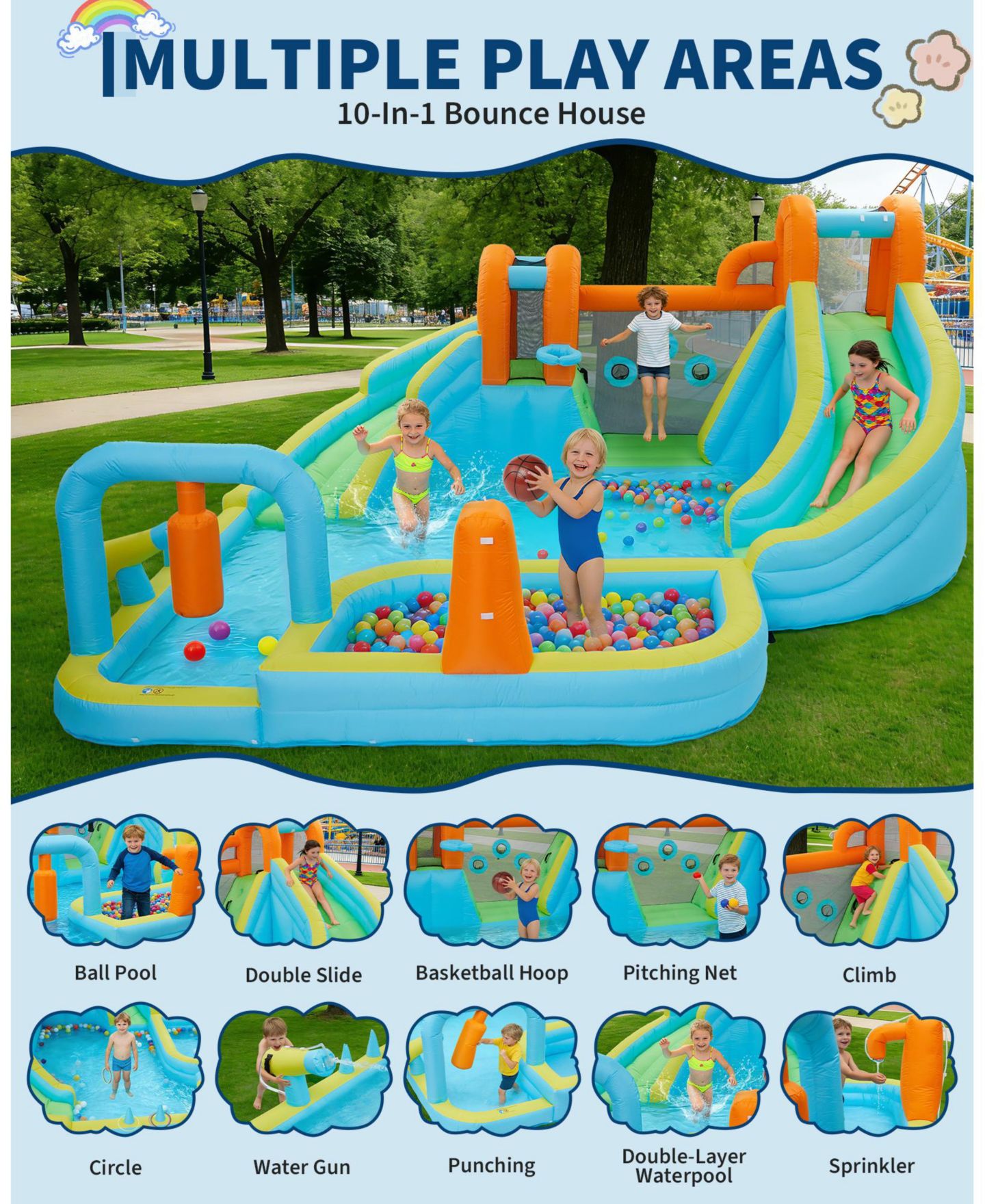Детская игрушка homfan 10-in-1 Oxford Cloth Inflatable Bounce House with Slide, Holds 2-3 Kids, от 3 лет, цвет: Синий — фото 7