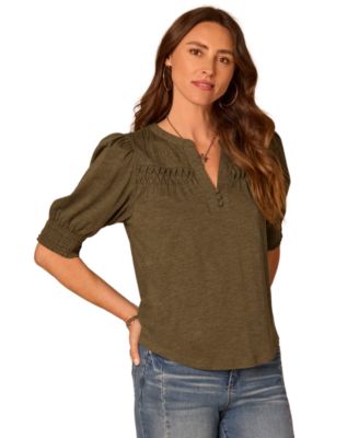 Women's Elbow-Length Blouson Sleeve Mandarin Collar Smocking and Pintuck Knit Blouse