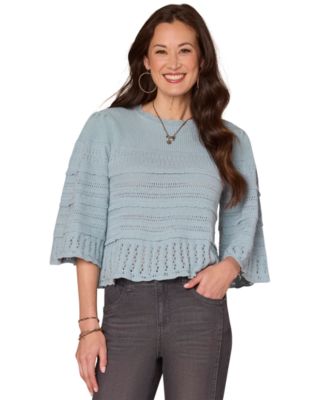 Women's Variegated-Stitch Scallop-Edge Three-Quarter Bell Sleeve Sweater