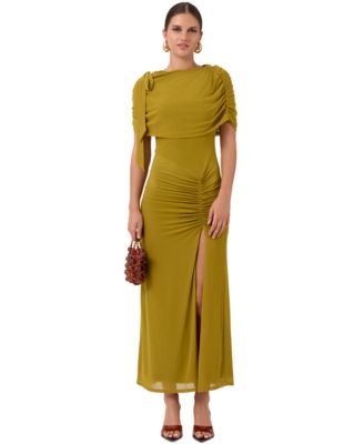 Women's Ivy Mesh Midi Dress, Off-the-Shoulder, Ruched, Front Slit