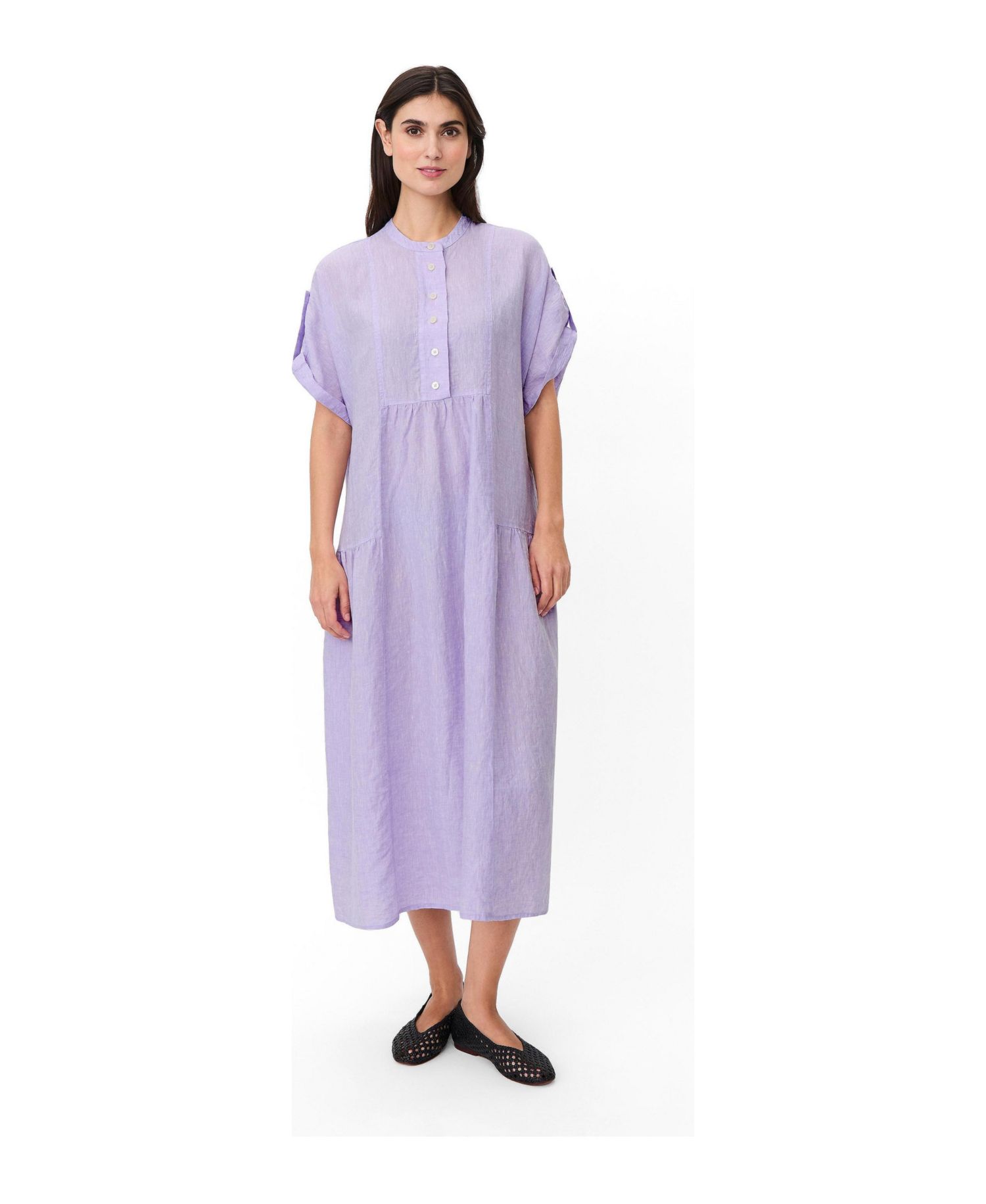 Women's Mandarin Collar Short-Sleeve Shift Linen Dress