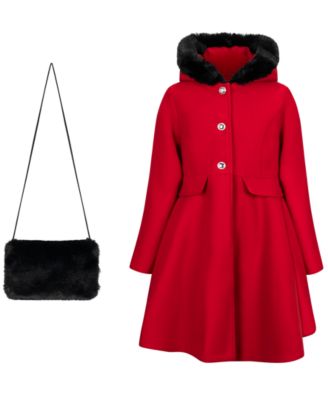 Girls' 7-16 Long-Sleeve Hooded Fur Trim Coat with Handbag