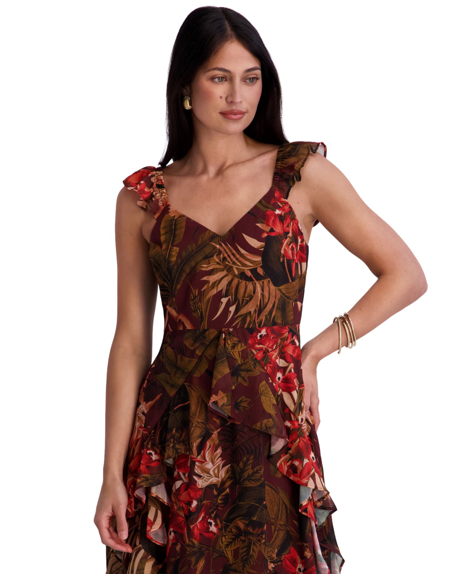 Women's Textured Woven Floral Ruffle Midi Dress
