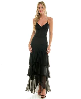 Juniors' Flowy Tiered Ruffle Open-Back Gown