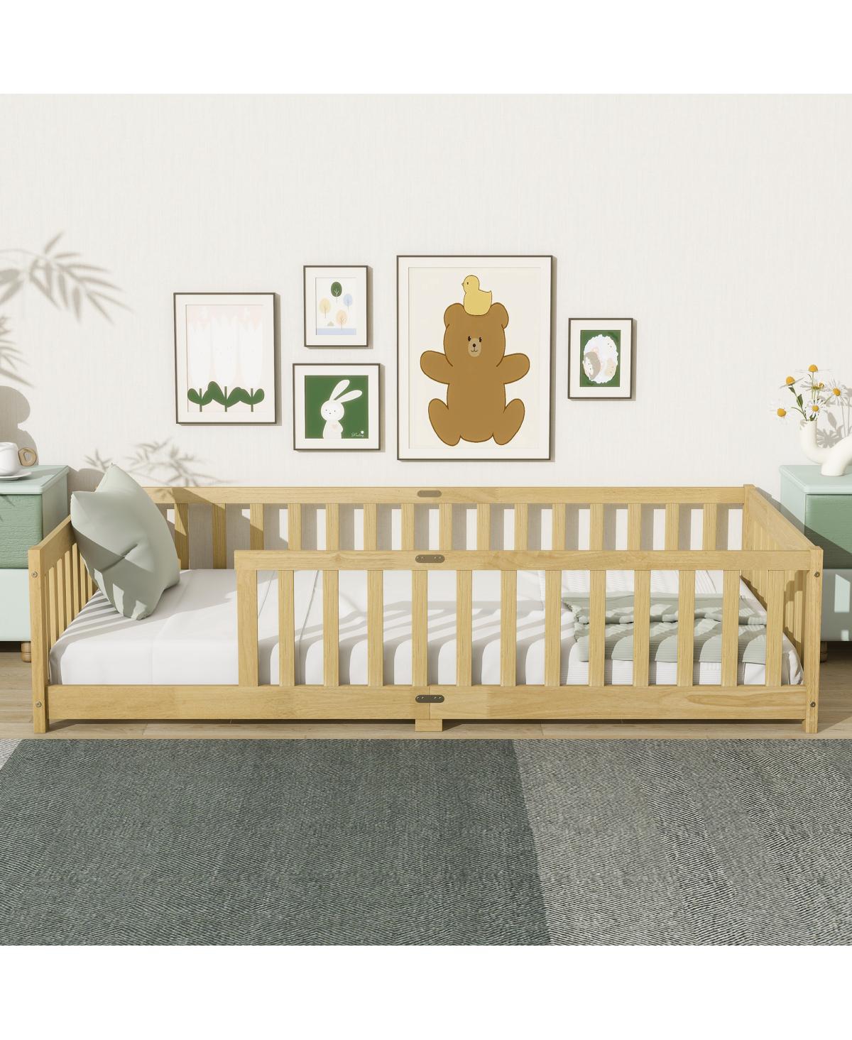 Streamdale Furniture Twin Size Floor Bed with Fence and Safety Guardrails