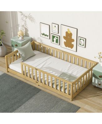 Twin Size Floor Bed with Fence and Safety Guardrails