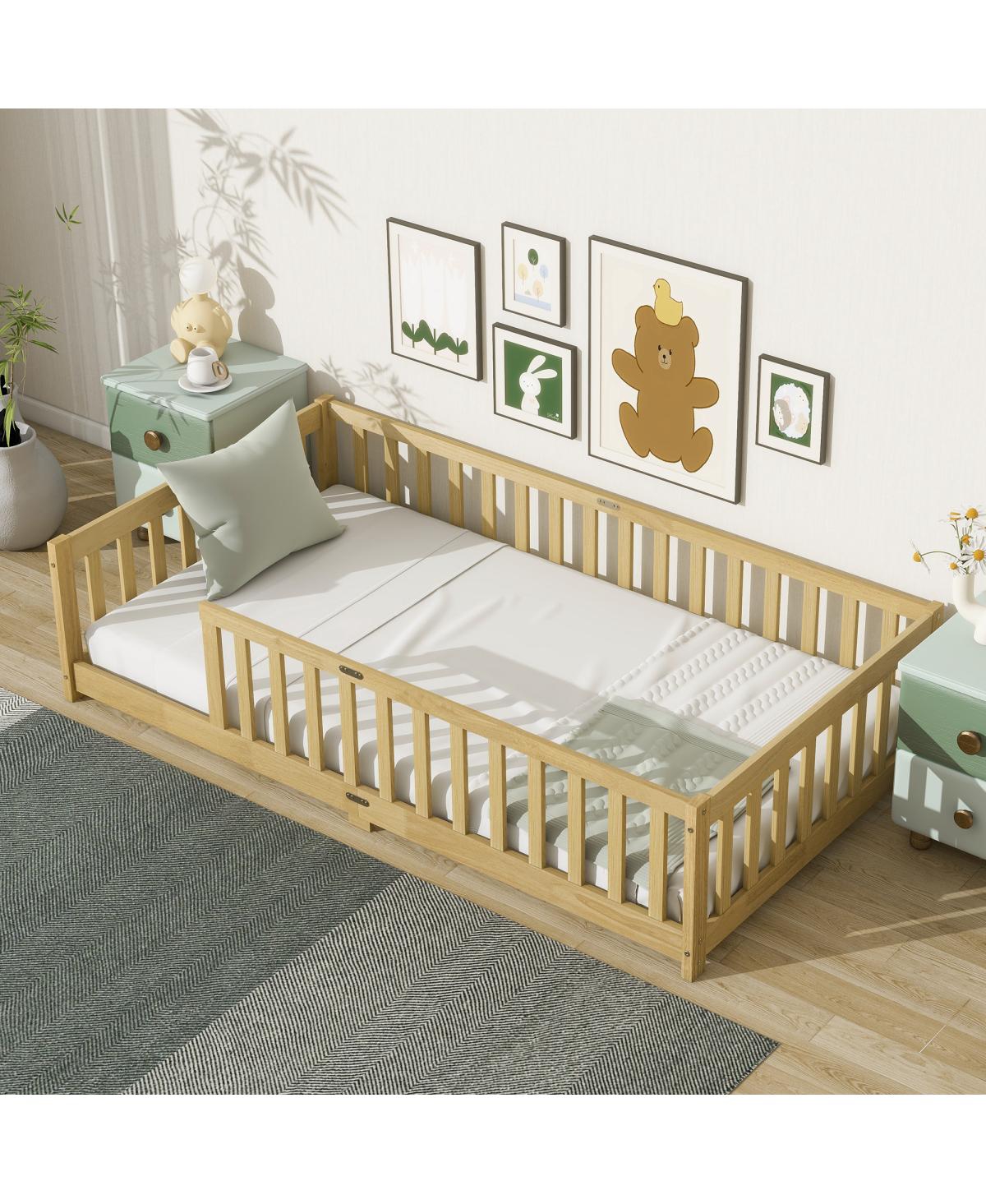 Streamdale Furniture Twin Size Floor Bed with Fence and Safety Guardrails