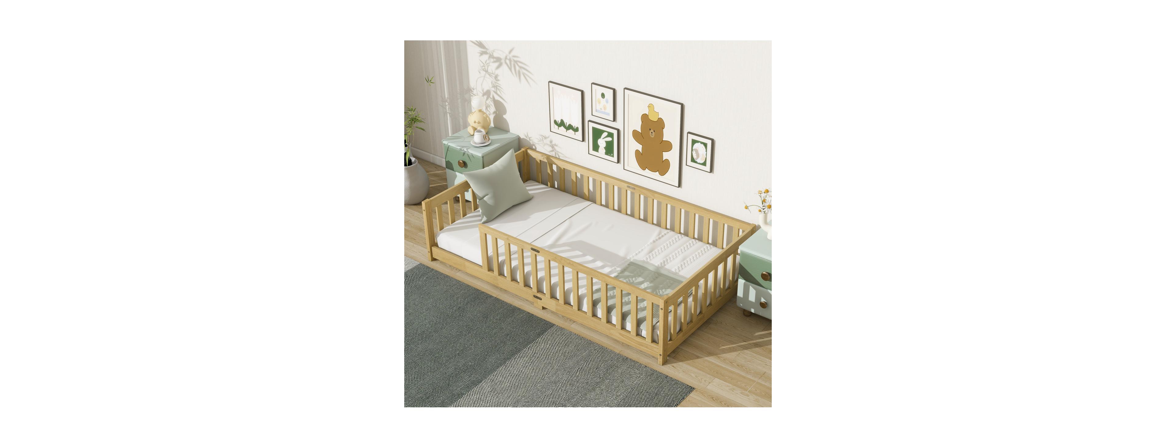 Streamdale Furniture Twin Size Floor Bed with Fence and Safety Guardrails