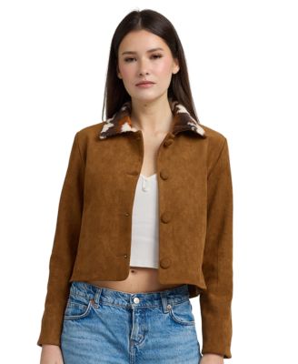 Women's Yumi Pocket Cropped Faux-Suede Cow-Print Collar Jacket