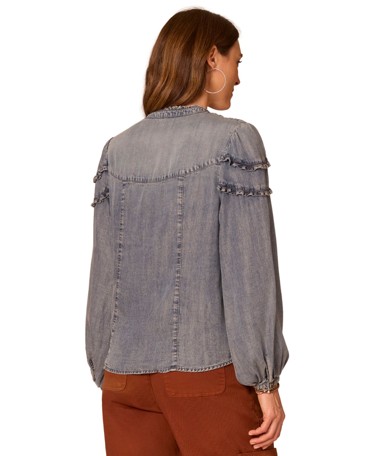 Petite Chambray Ruffle Button-Up Long-Sleeve Top