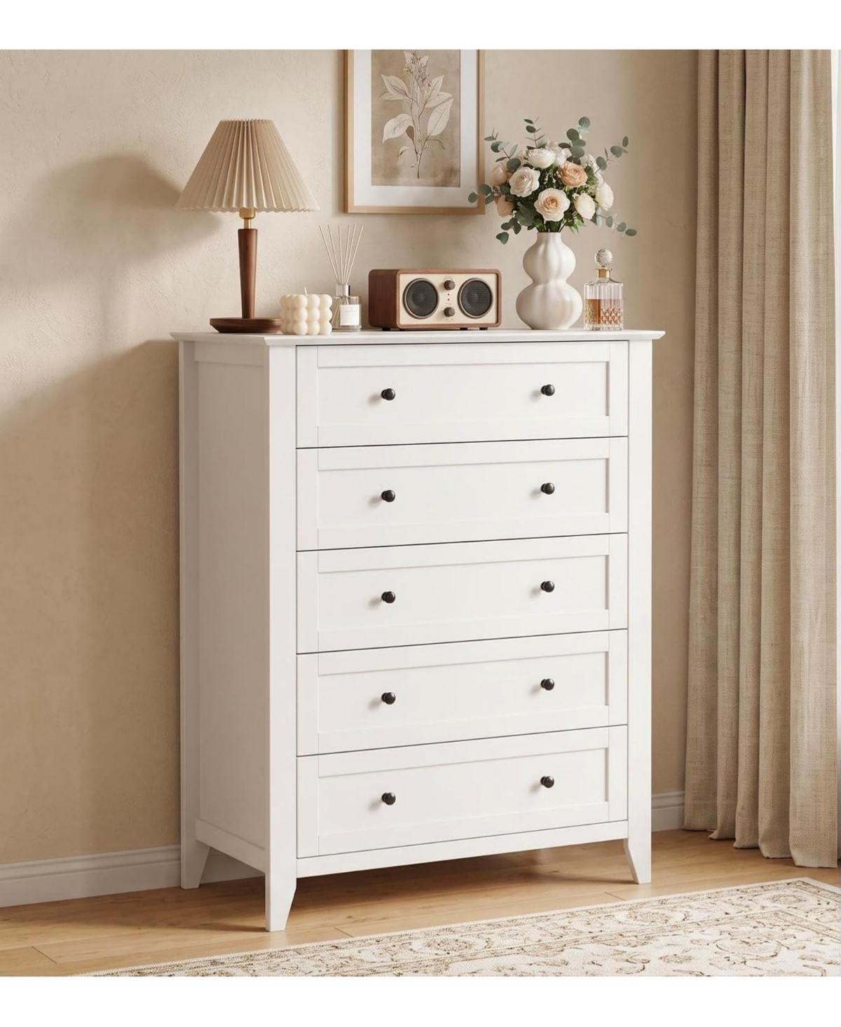 gaomon 5 Drawer Dresser, Modern White Tall Chest of Drawers for Bedroom, Storage Cabinet Organizer for Living Room, Home Office, Entryway